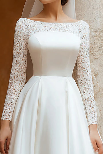 Ivory A-Line Long Sleeve Wedding Dress With Lace (Without Veil)
